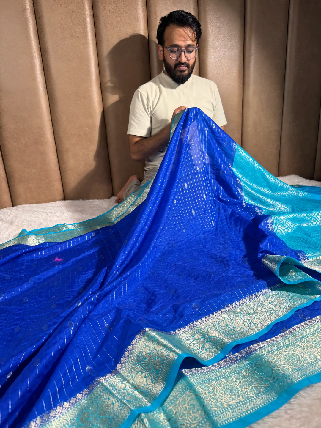 Royal Blue Chinia Silk with Contrast Firozi Border Banarasi Saree