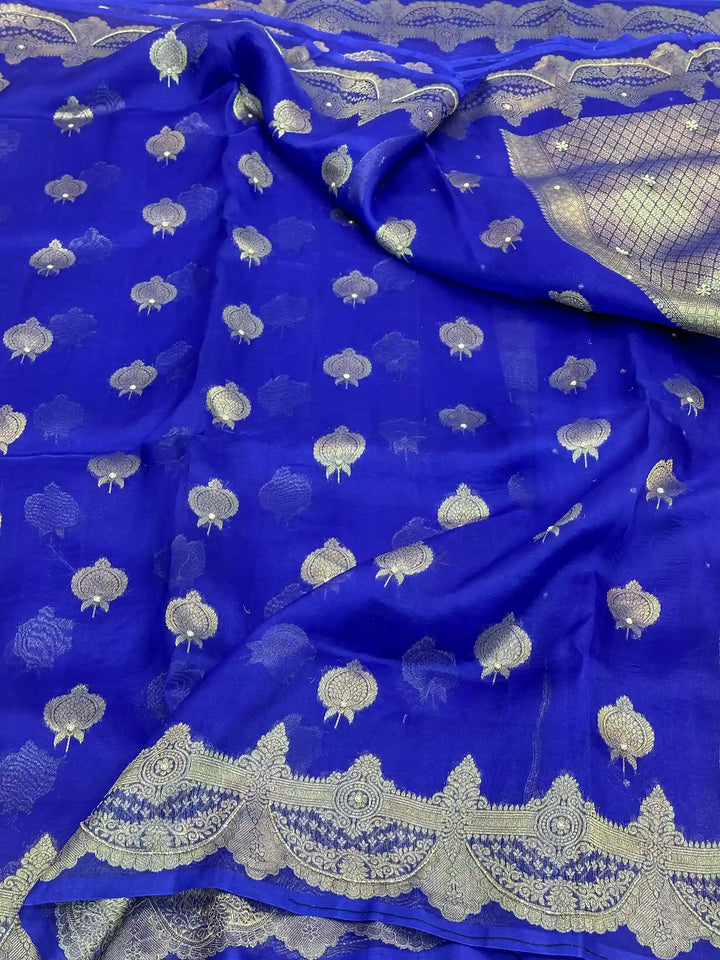 Royal Blue Exclusive Handwork Pure Organza Silk Saree