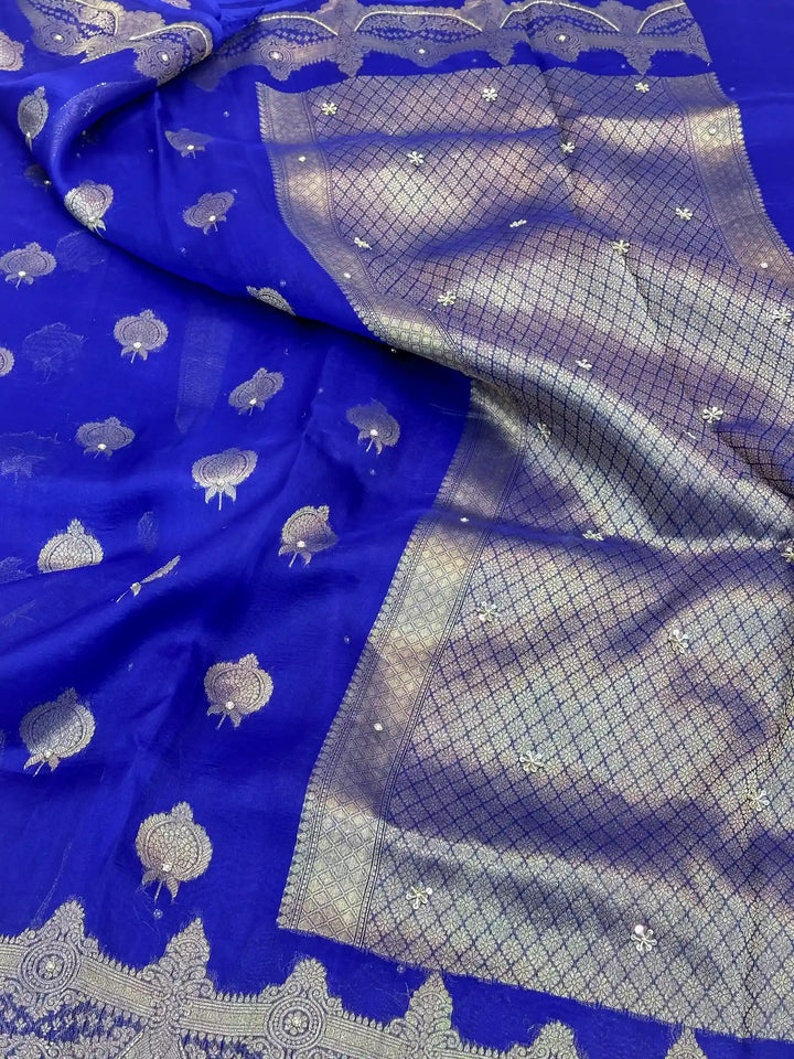 Royal Blue Exclusive Handwork Pure Organza Silk Saree