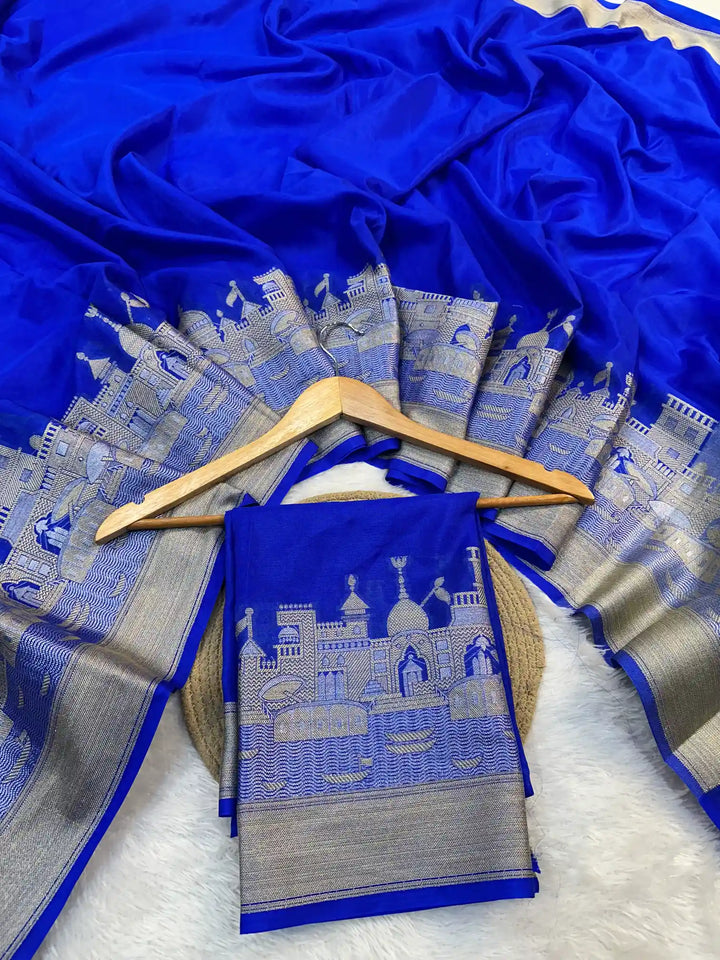 Royal Blue Georgette Silk Ghat Pattern Banarasi Saree