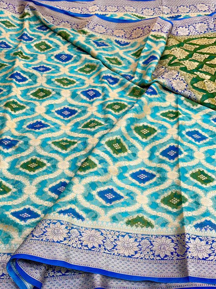 Royal Blue Hand Brush Dyed Chiffon Khaddi Banarasi Saree