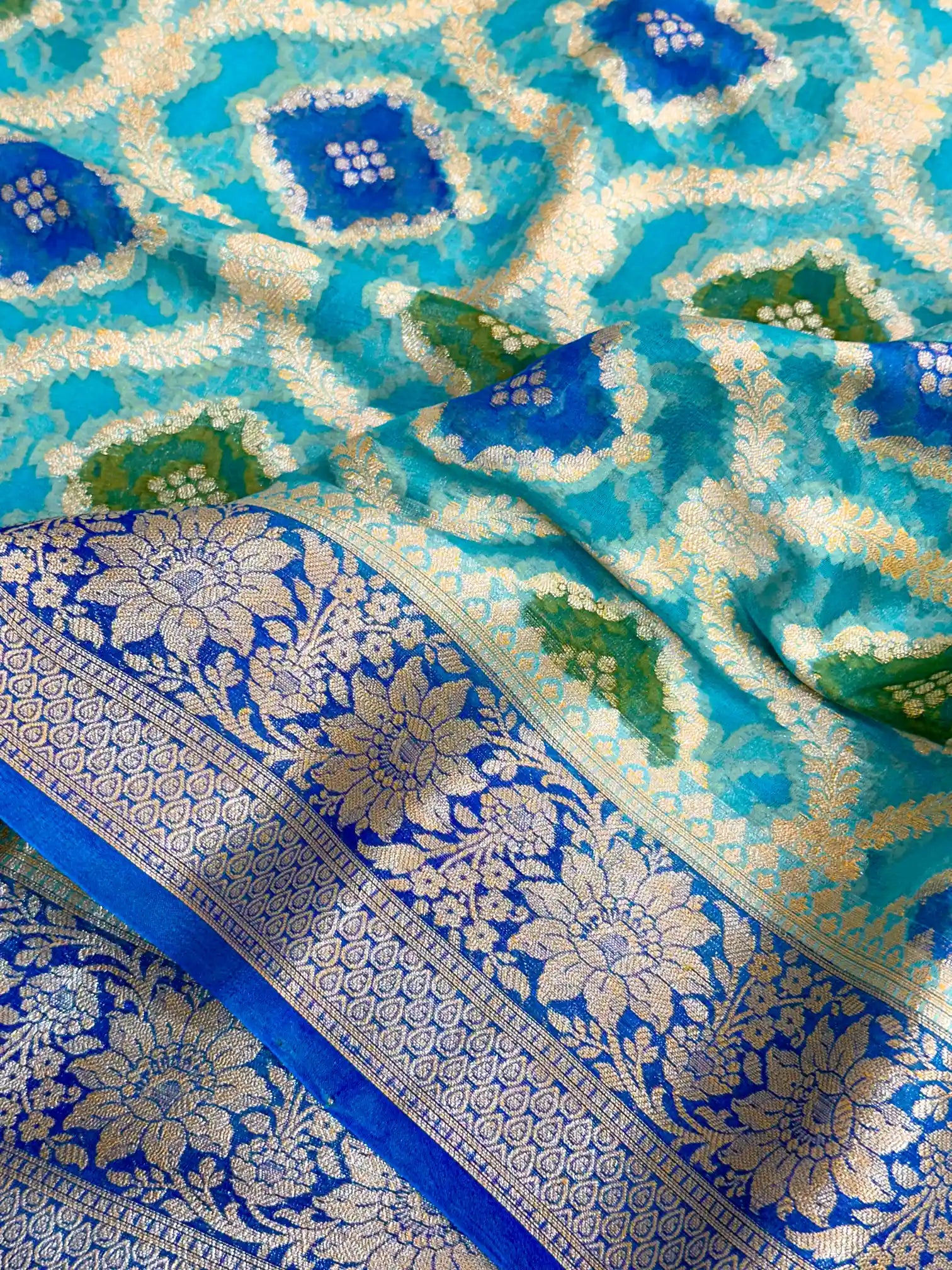 Royal Blue Hand Brush Dyed Chiffon Khaddi Banarasi Saree