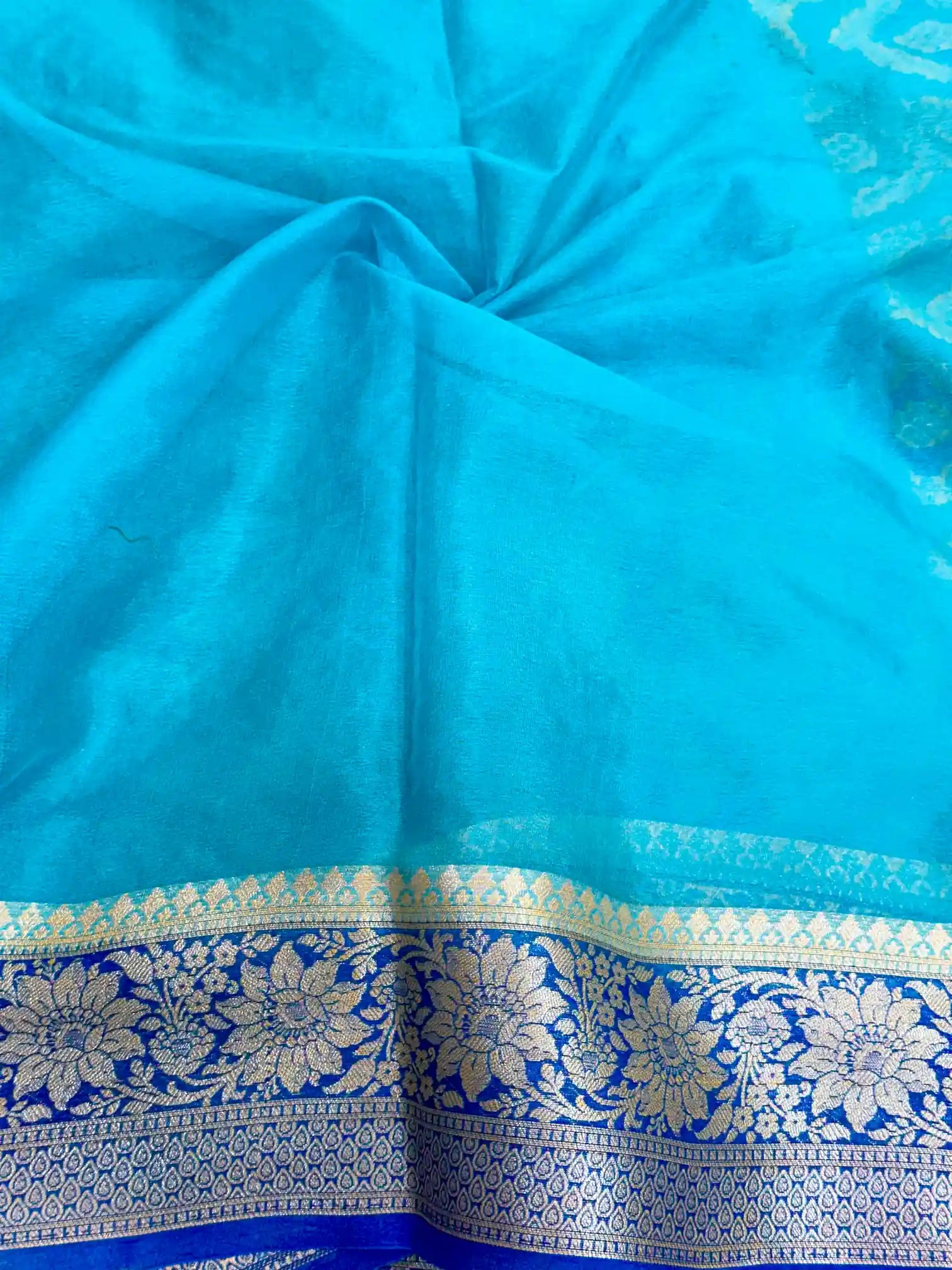 Royal Blue Hand Brush Dyed Chiffon Khaddi Banarasi Saree