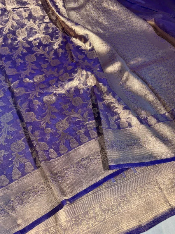 Royal Blue Handloom Kadhwa Pure Tissue Silk Saree with Rich Pallu and Blouse