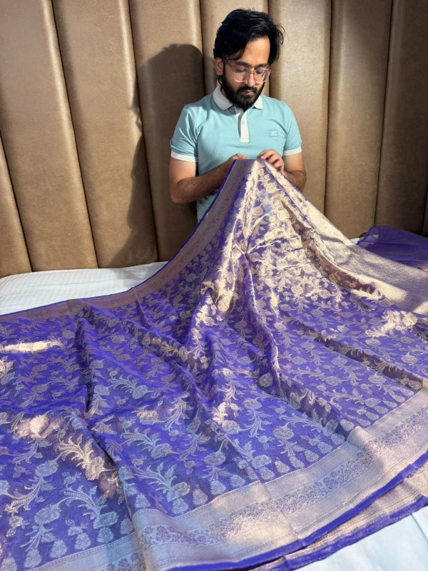 Royal Blue Handloom Kadhwa Pure Tissue Silk Saree with Rich Pallu and Blouse