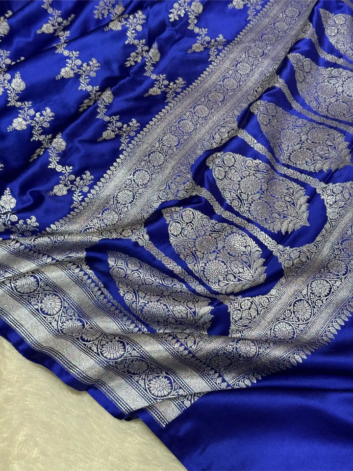 Royal Blue Mashru Katan Silk  Silver Zari Leheriya Weave Banarasi Saree