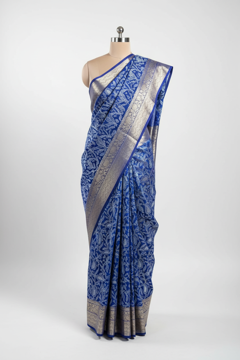 Royal Blue Organza Silk Chikankari Work Banarasi Saree