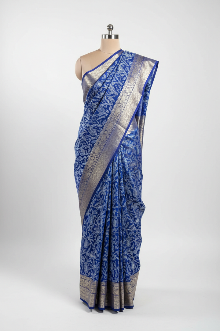 Royal Blue Organza Silk Chikankari Work Banarasi Saree