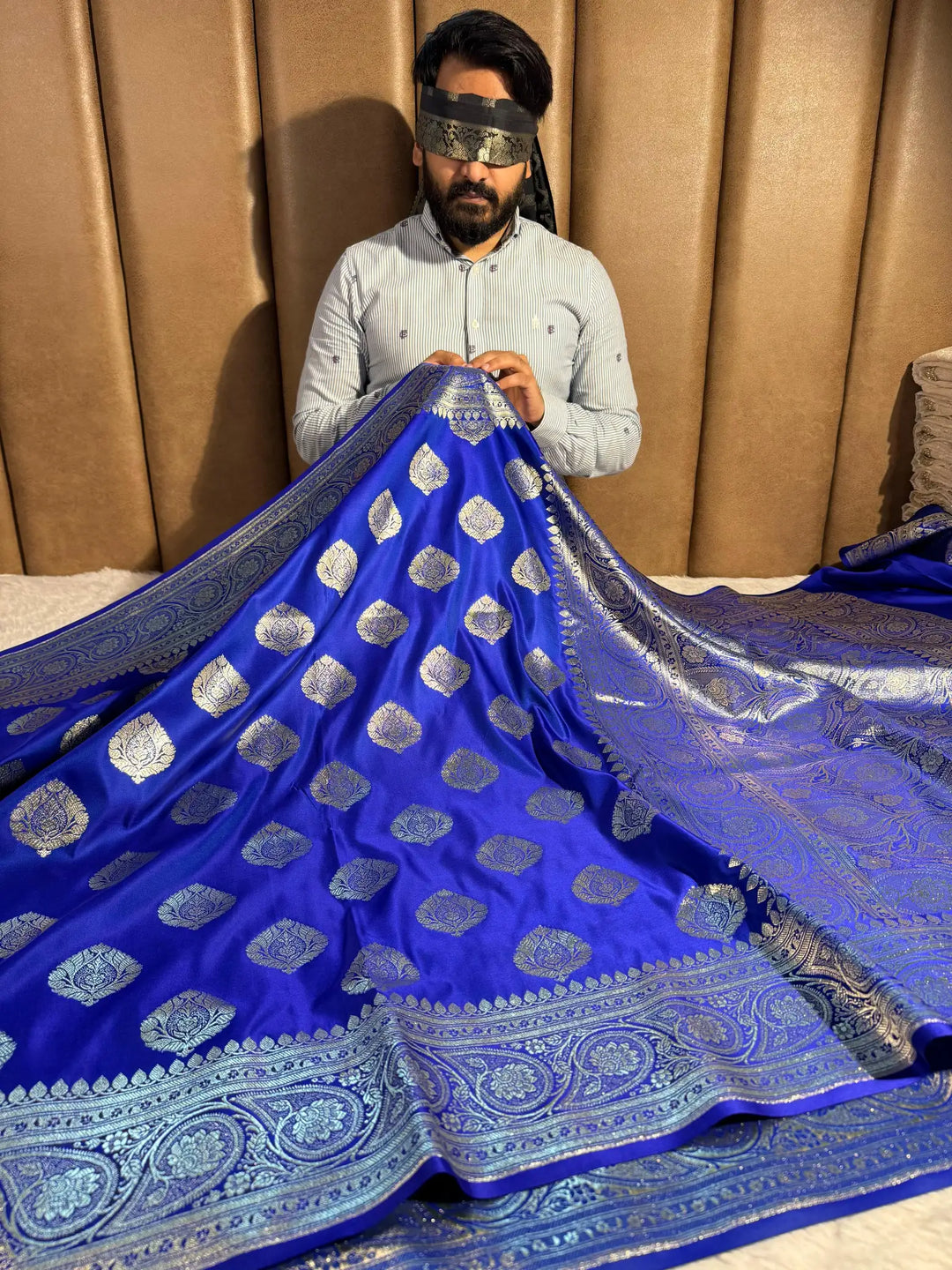 Royal Blue Satin-Katan Silk Saree with Rich Pallu and blouse