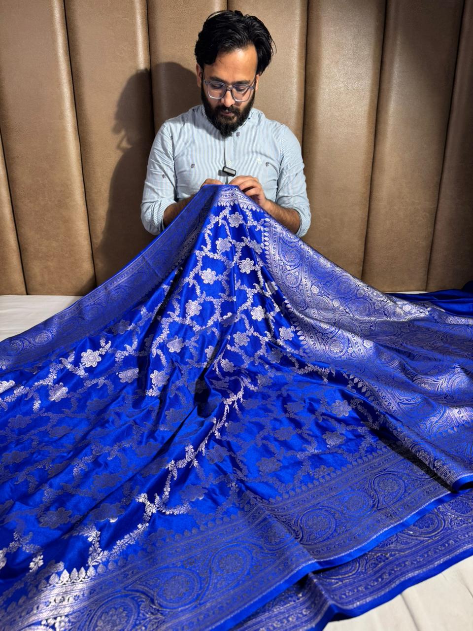 Royal Blue Satin Silk Heritage Floral Weave Banarasi Saree