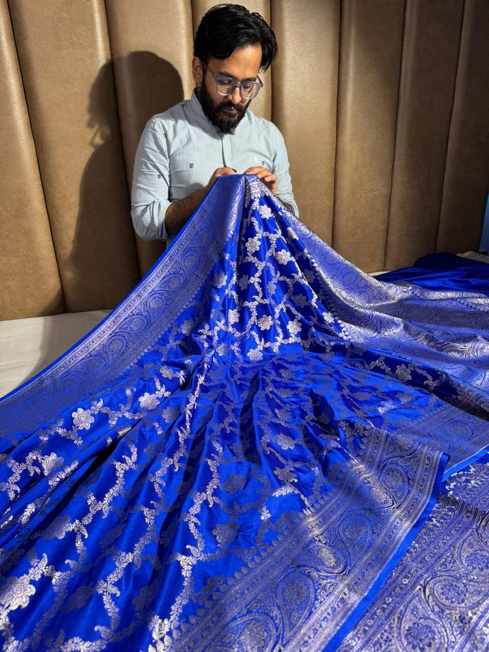 Royal Blue Satin Silk Heritage Floral Weave Banarasi Saree