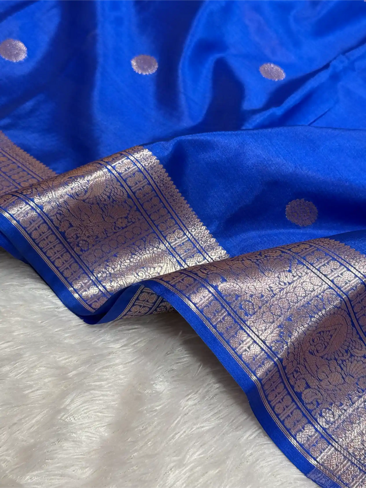 Royal Blue Semi Katan Silk Polka Dots Weave Banarasi Saree