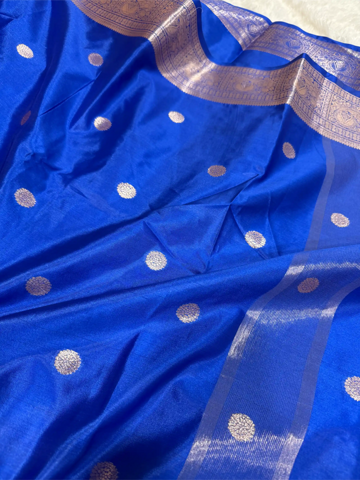 Royal Blue Semi Katan Silk Polka Dots Weave Banarasi Saree