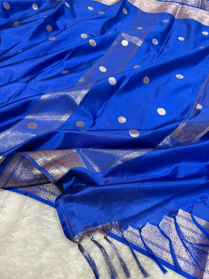 Royal Blue Semi Katan Silk Polka Dots Weave Banarasi Saree