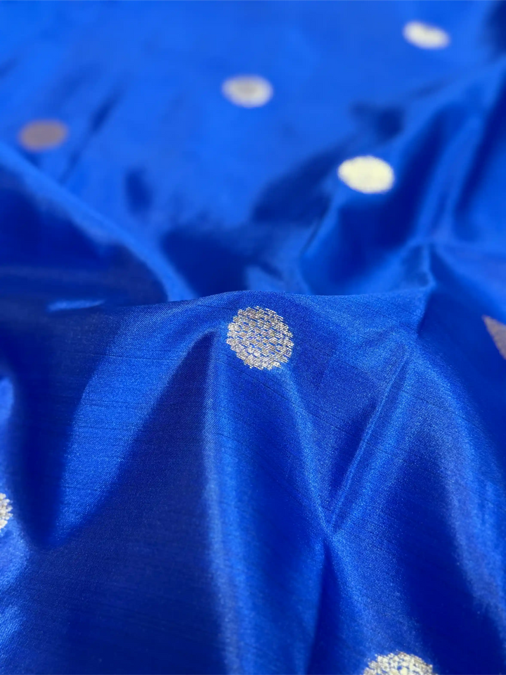 Royal Blue Semi Katan Silk Polka Dots Weave Banarasi Saree