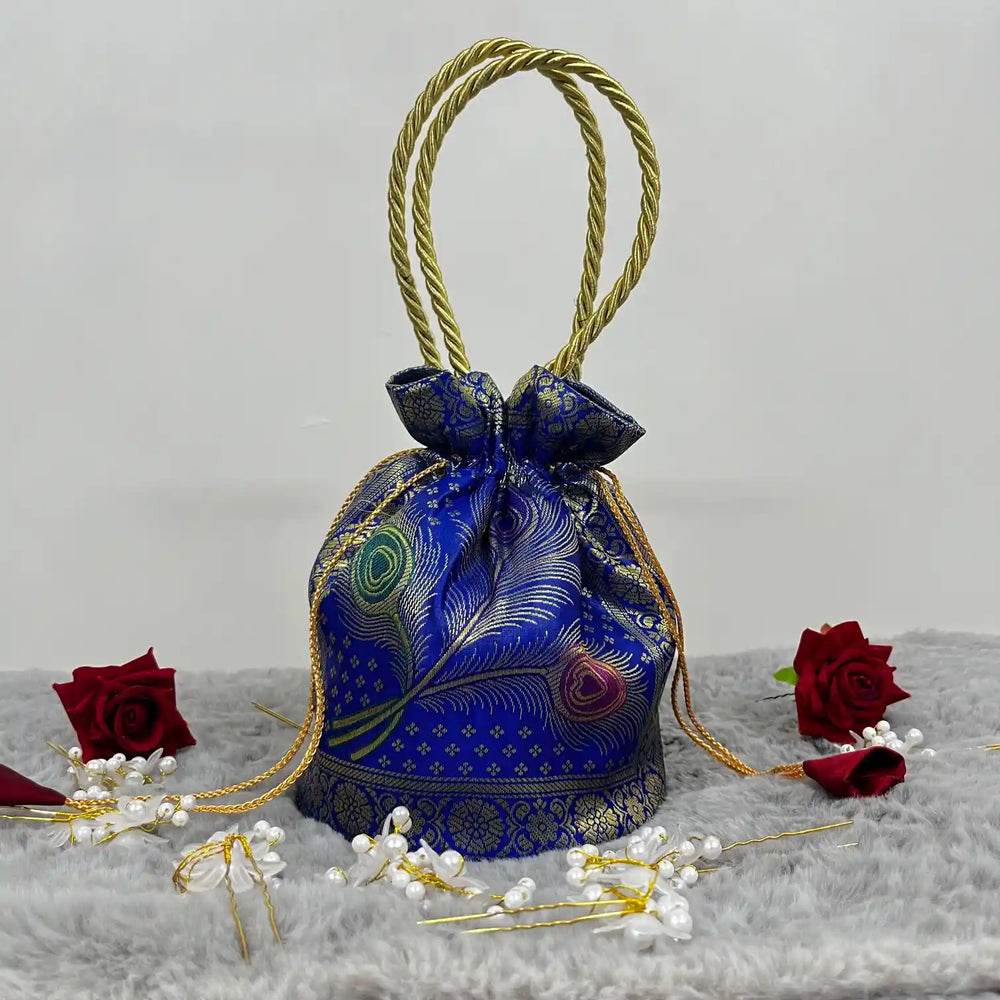 Royal Blue Shade Banarasi Potli Bags