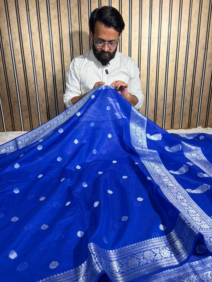 Royal Blue Soft Georgette Khaddi Buti Banarasi Saree
