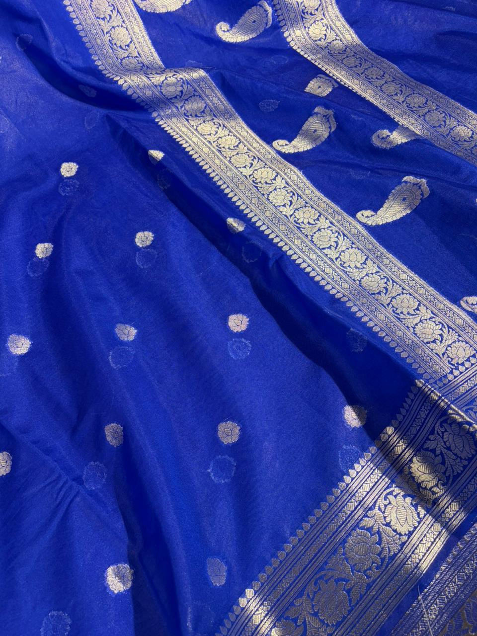 Royal Blue Soft Georgette Khaddi Buti Banarasi Saree