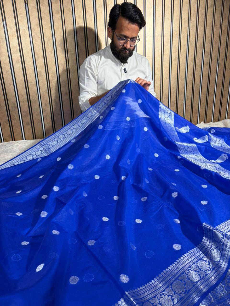 Royal Blue Soft Georgette Khaddi Buti Banarasi Saree