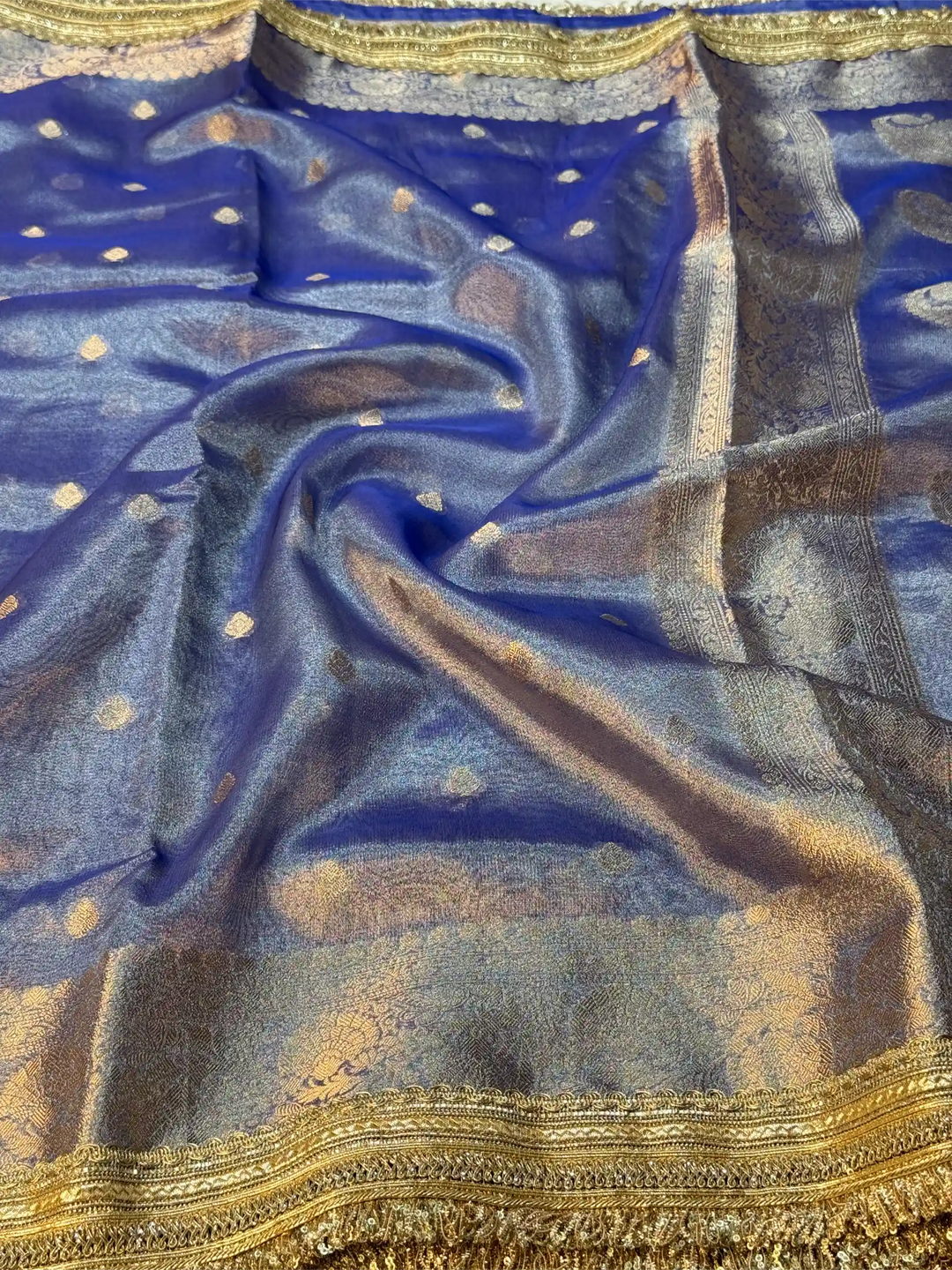 Royal Blue Tissue Silk Lace Attached Banarasi Saree