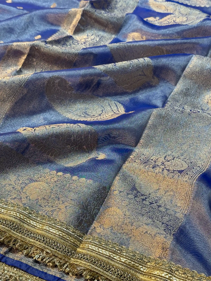 Royal Blue Tissue Silk Lace Attached Banarasi Saree
