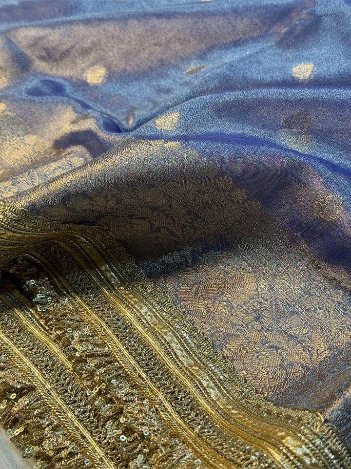 Royal Blue Tissue Silk Lace Attached Banarasi Saree