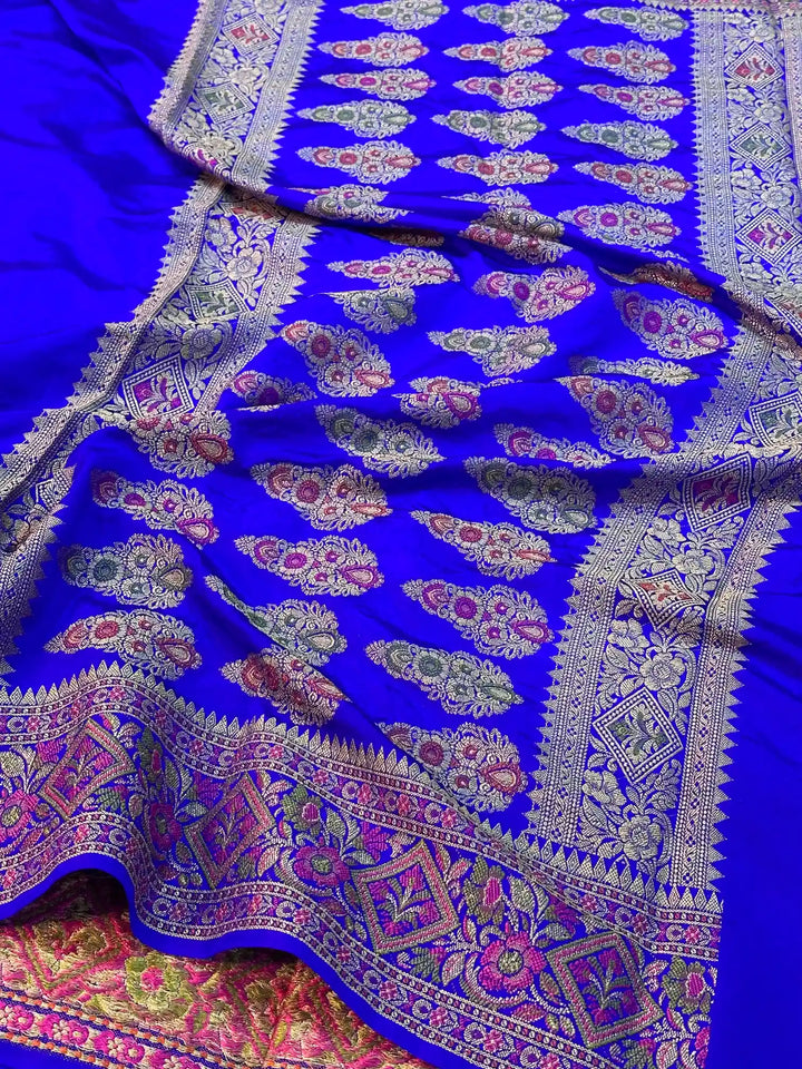 Royal Blue Warm Silk Golden Zari Border & Floral Motifs Banarasi Saree