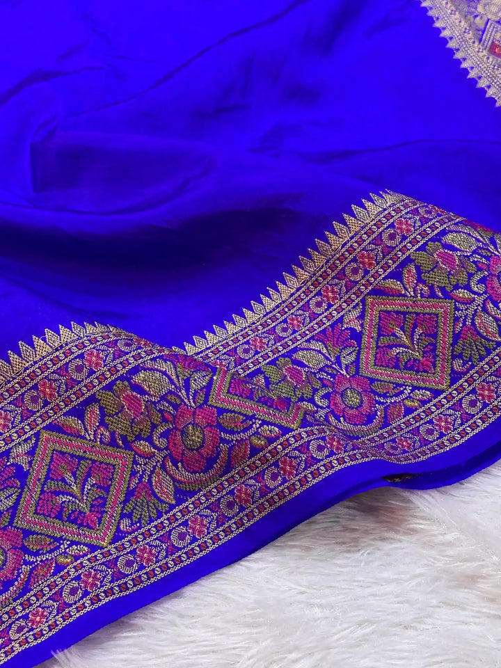 Royal Blue Warm Silk Golden Zari Border & Floral Motifs Banarasi Saree