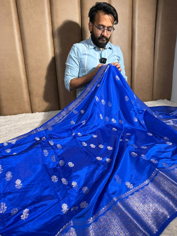 Royal Blue Chinia Silk Contemporary Weave Saree