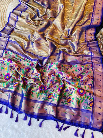 Premium Royal Blue Colour Shade Tissue Paithani silk Saree