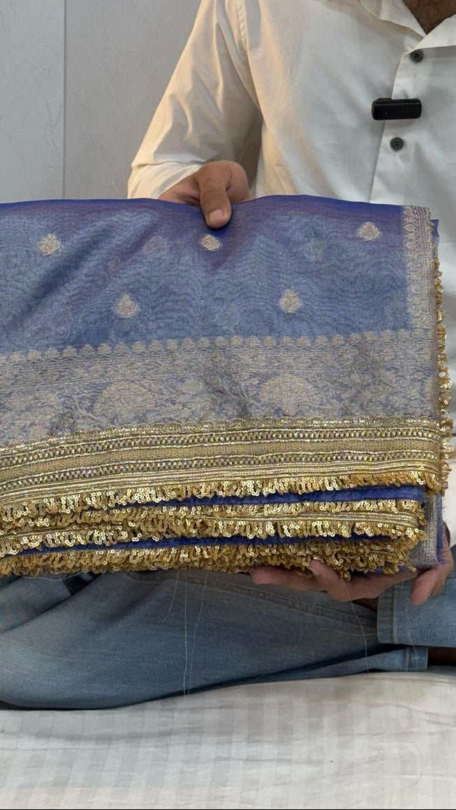 Royal Blue Tissue Silk Lace Attached Banarasi Saree