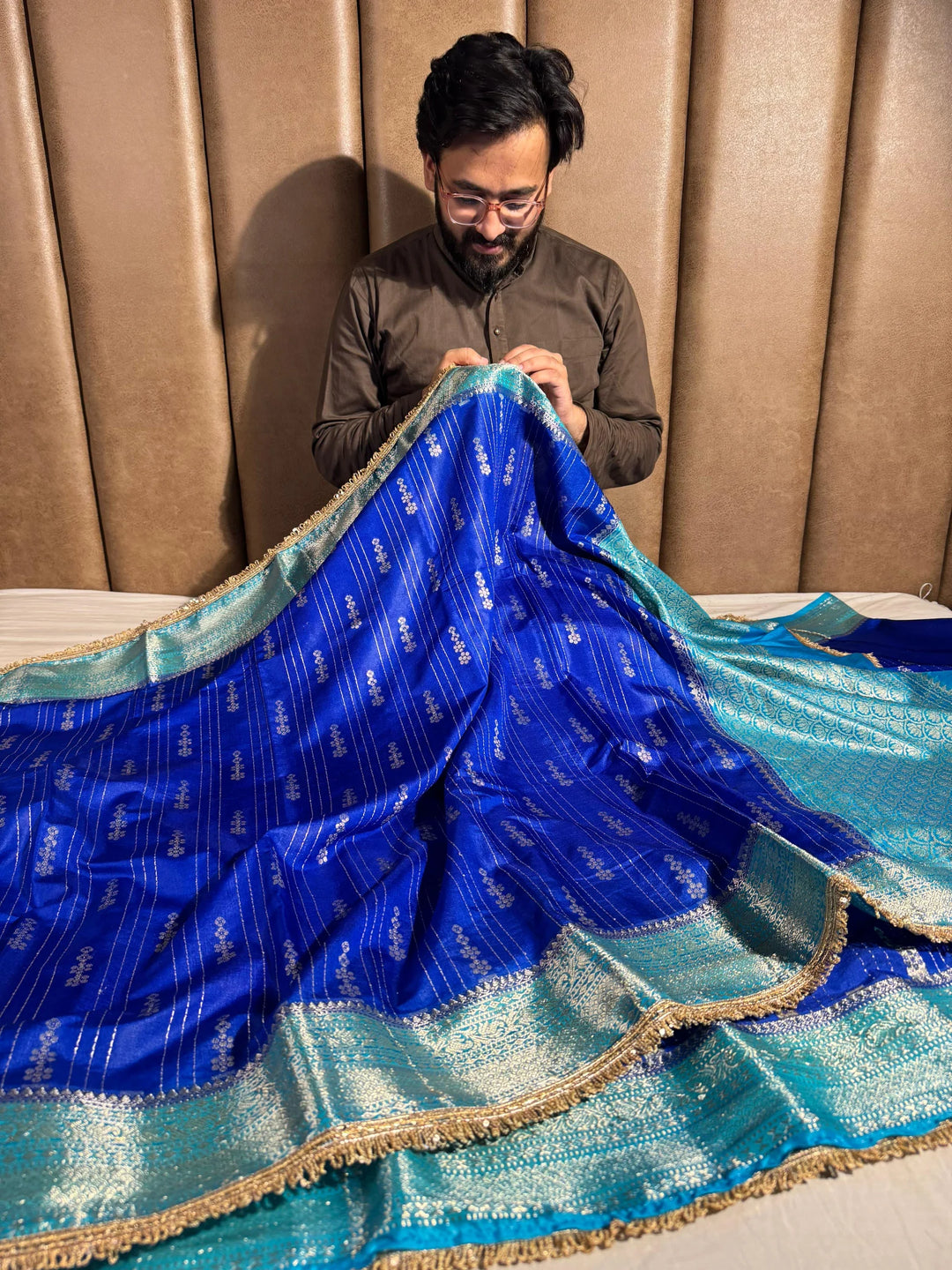Royal blue banarasi warm silk saree with rich lacework and pallu