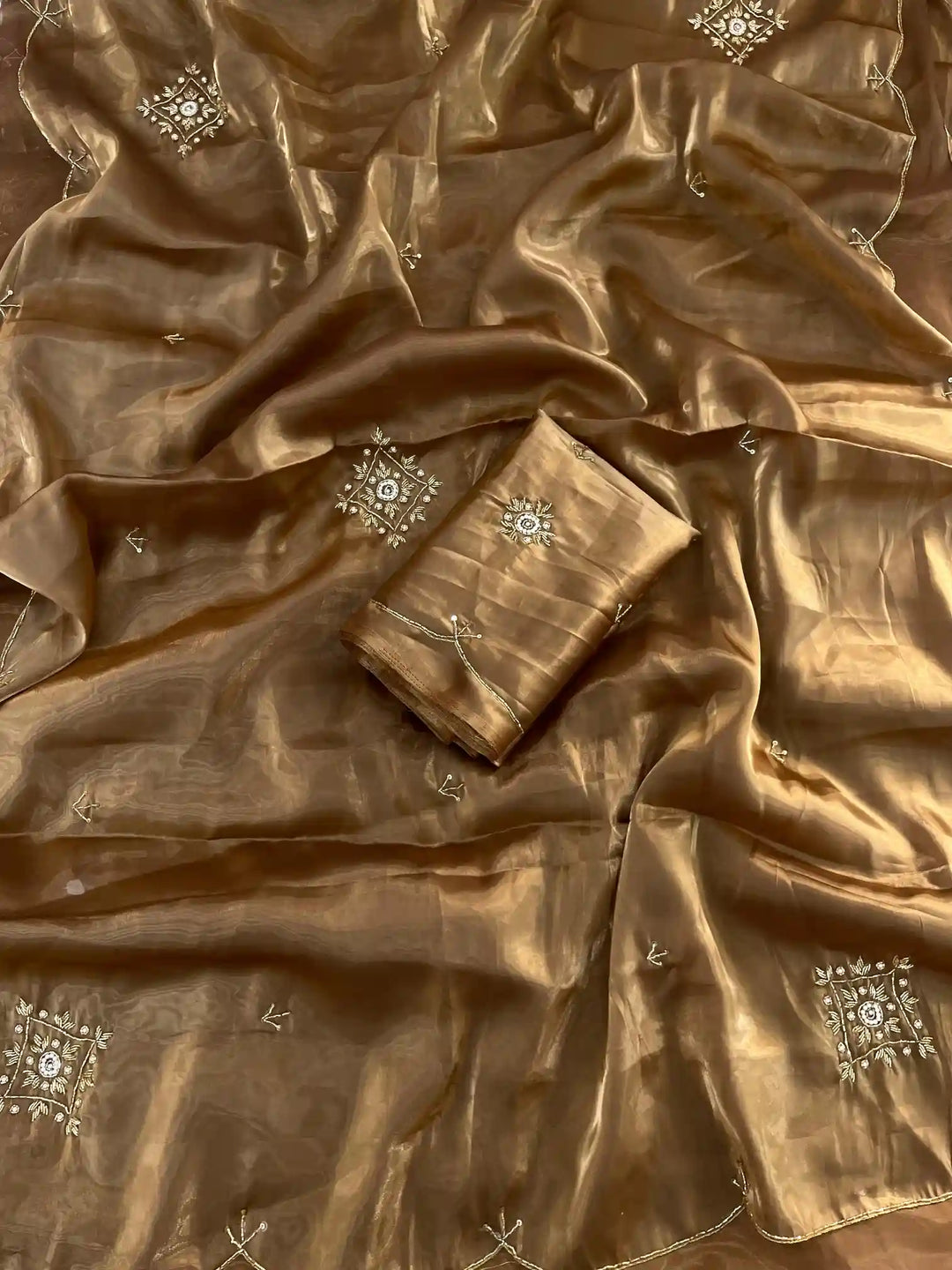 Rust Gold Satin Shimmery Tissue Silk Saree with Real Handwork