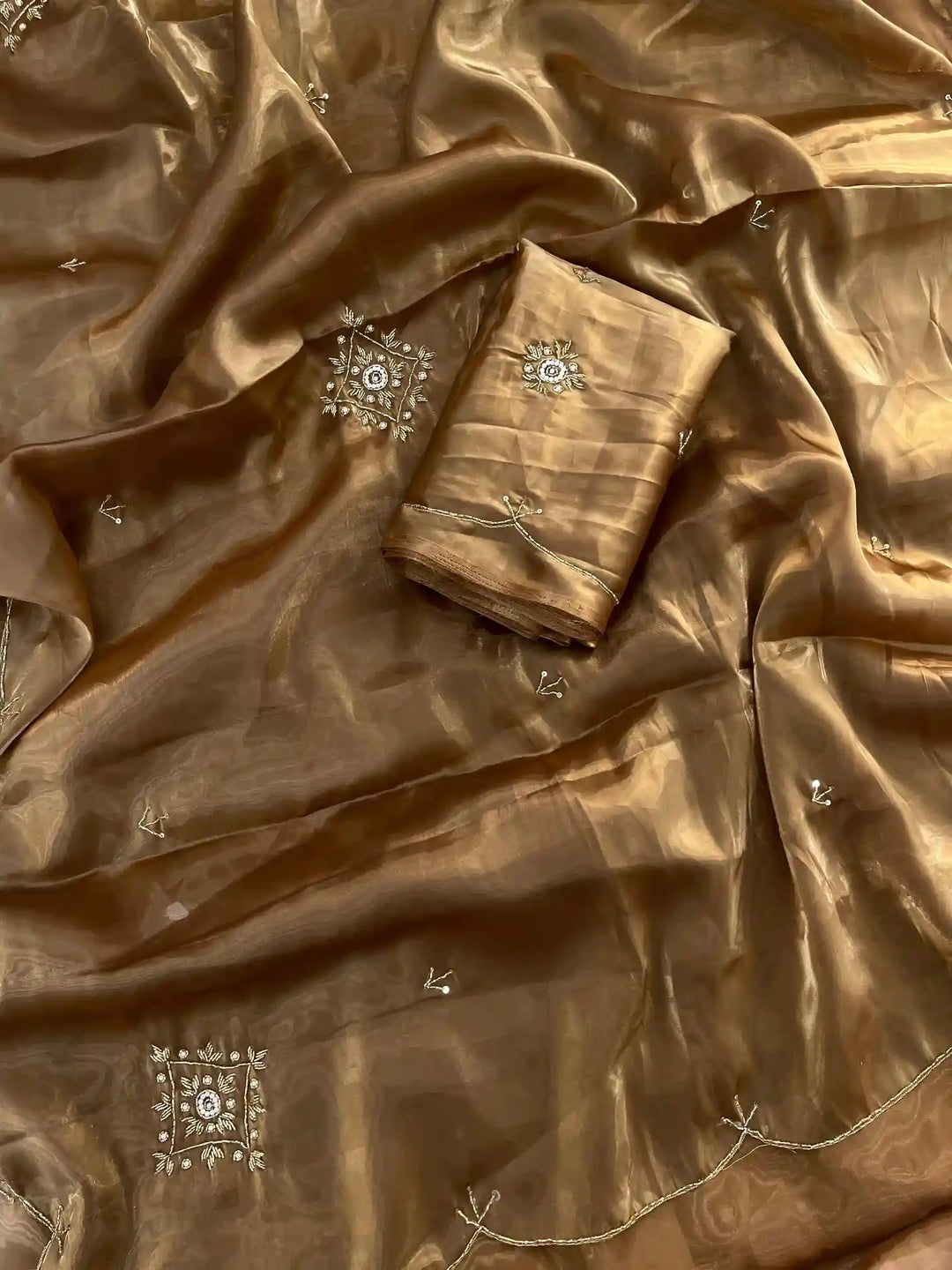 Rust Gold Satin Shimmery Tissue Silk Saree with Real Handwork