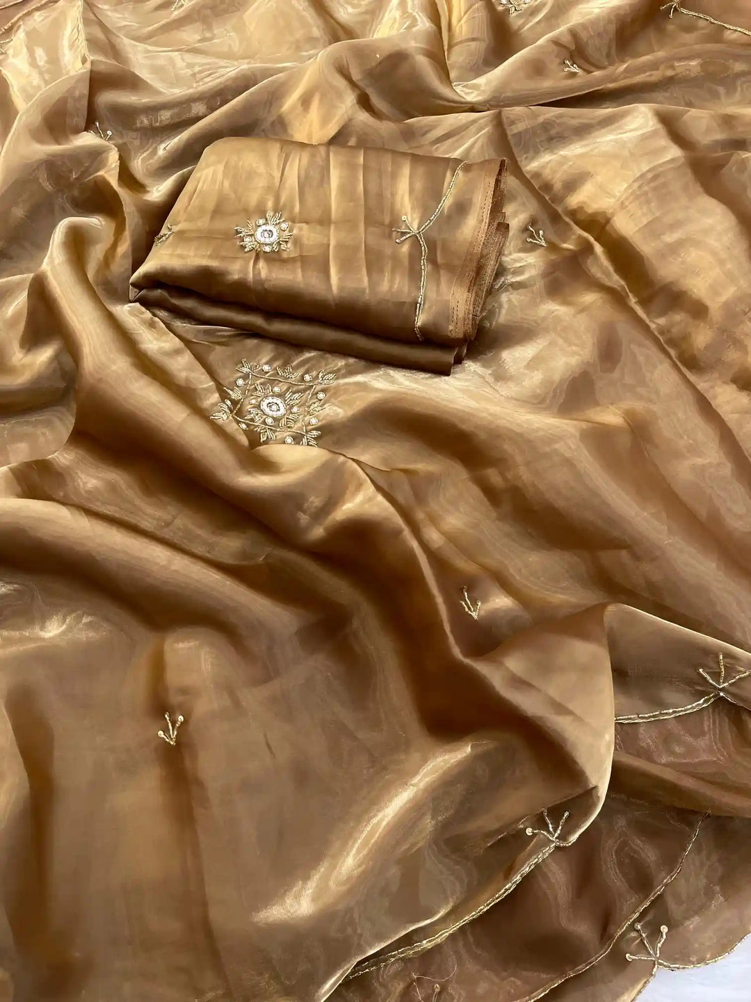 Rust Gold Satin Shimmery Tissue Silk Saree with Real Handwork