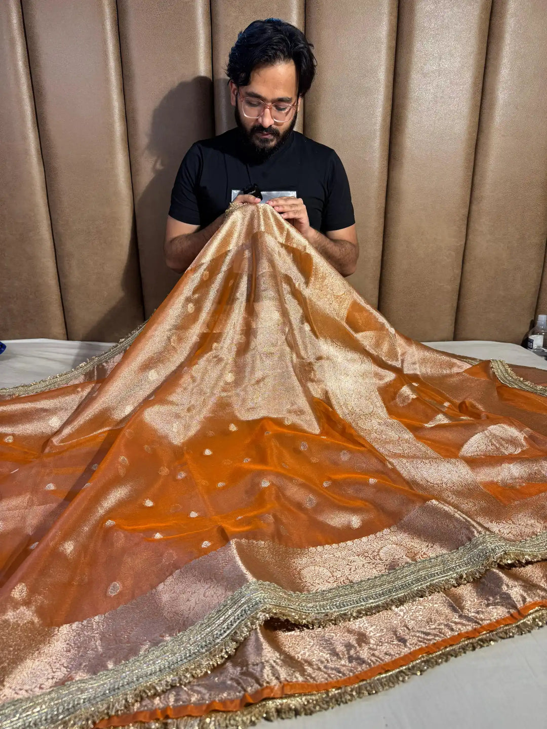 Rust Orange Banarasi Tissue Silk Saree with Rich Pallu and Lacework
