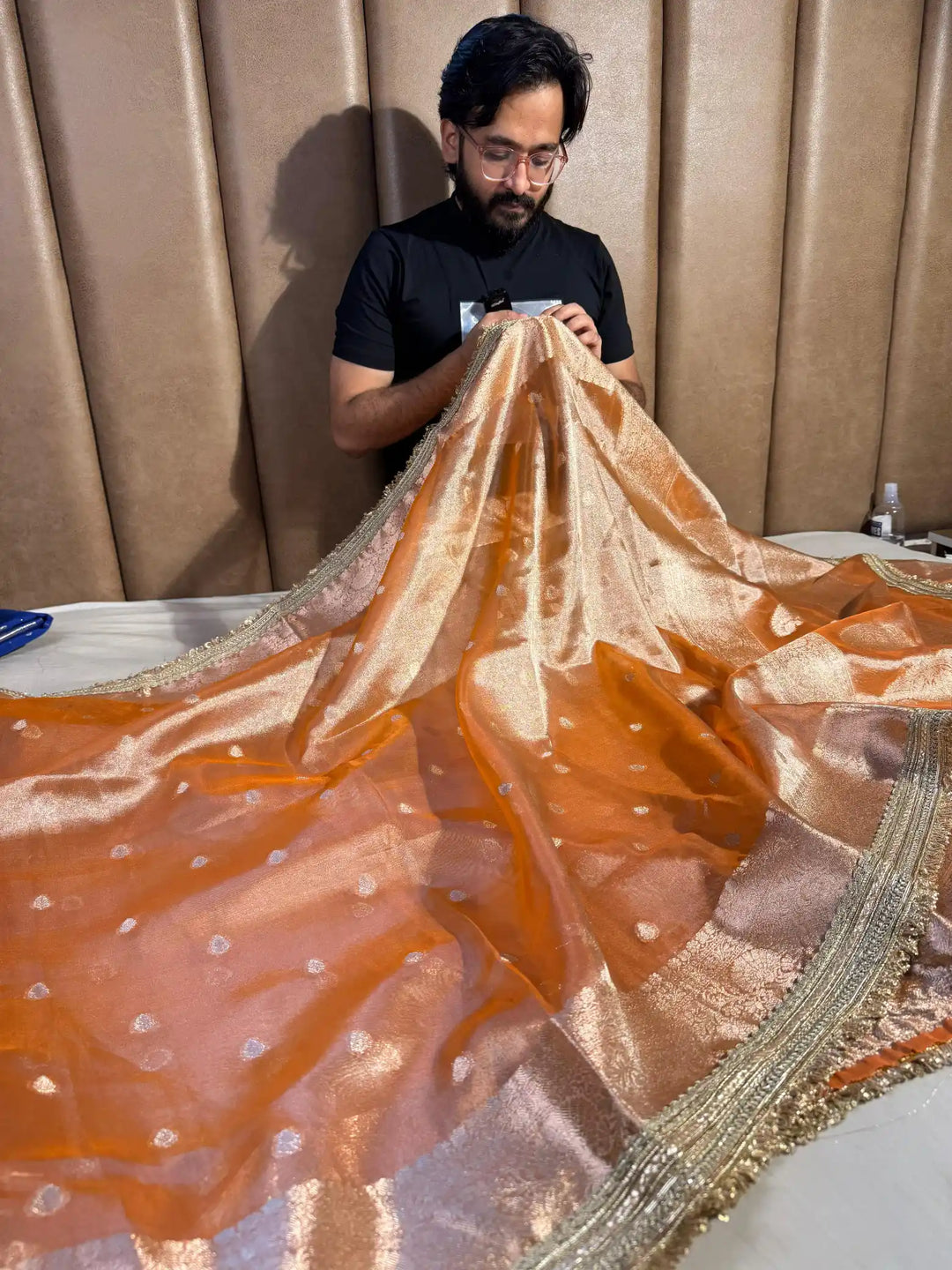 Rust Orange Banarasi Tissue Silk Saree with Rich Pallu and Lacework