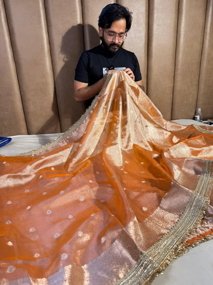 Rust Orange Banarasi Tissue Silk Saree with Rich Pallu and Lacework