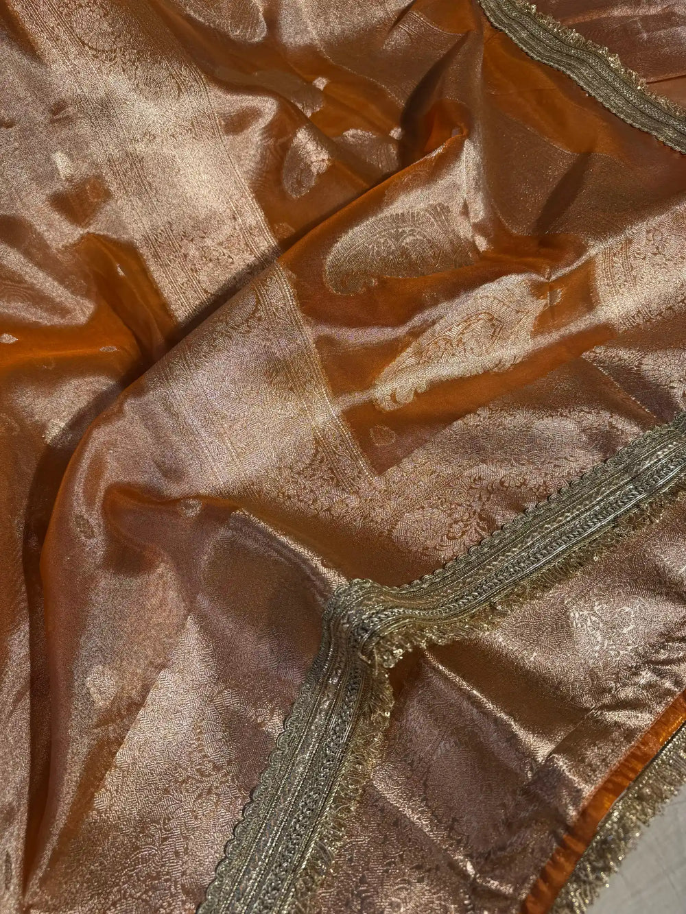 Rust Orange Banarasi Tissue Silk Saree with Rich Pallu and Lacework