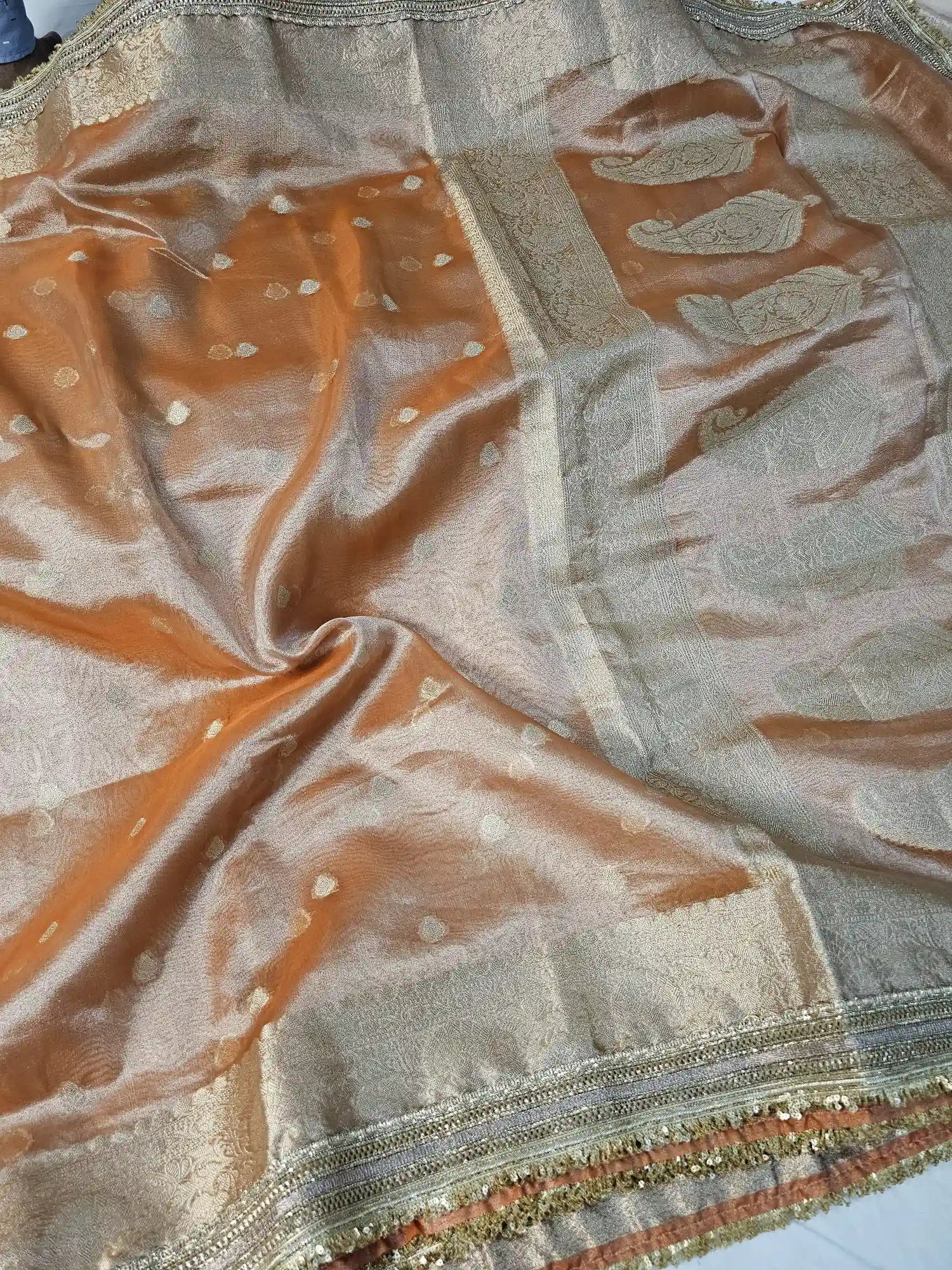 Rust Orange Premium Tissue Silk Saree with Exclusive Lace Work