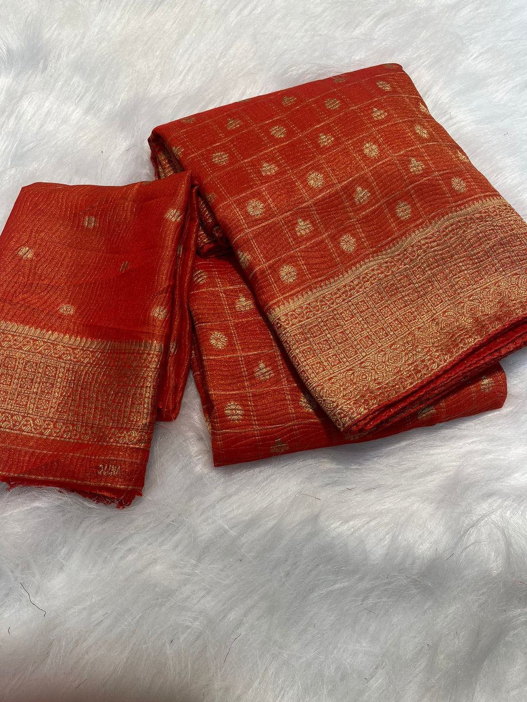 Rust Orange Pure Soft Banarasi Khadi Zari Crushed Silk Weaving Saree