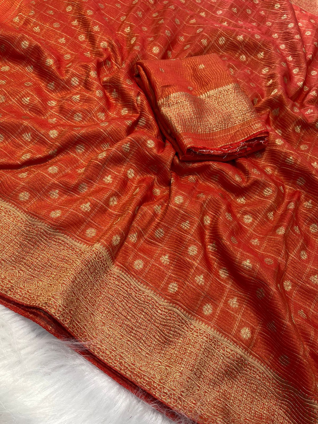 Rust Orange Pure Soft Banarasi Khadi Zari Crushed Silk Weaving Saree