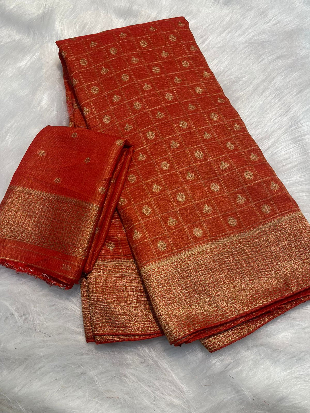 Rust Orange Pure Soft Banarasi Khadi Zari Crushed Silk Weaving Saree