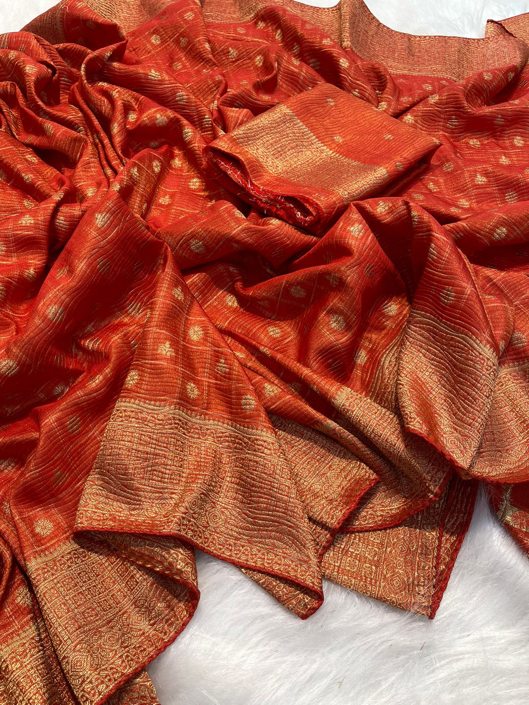 Rust Orange Pure Soft Banarasi Khadi Zari Crushed Silk Weaving Saree