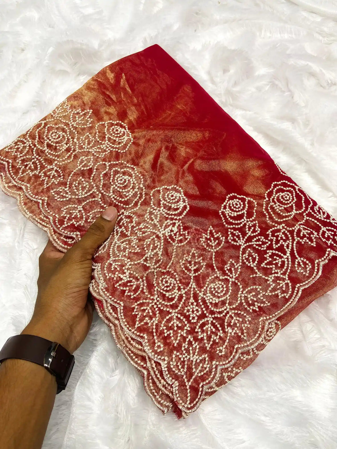 Rust Orange Premium Tissue with Chikankari Work