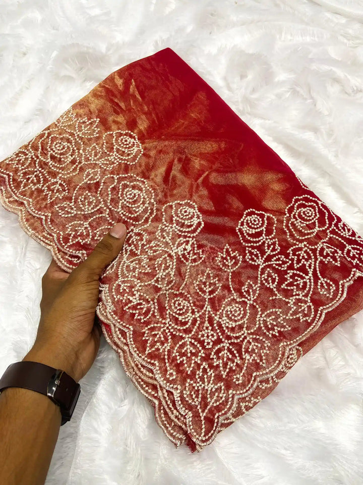 Rust Orange Premium Tissue with Chikankari Work