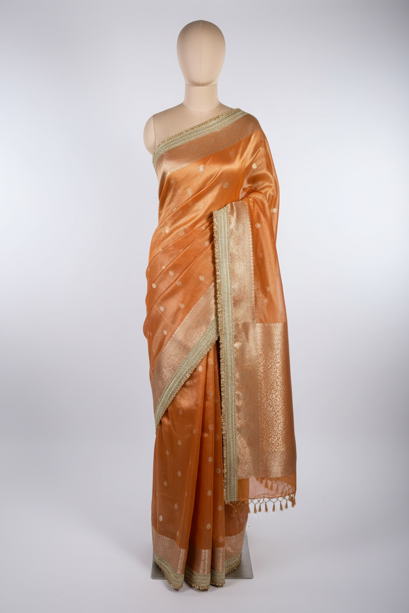 Rust Orange Tissue Silk Khaddi Buti Lace Work Banarasi Saree