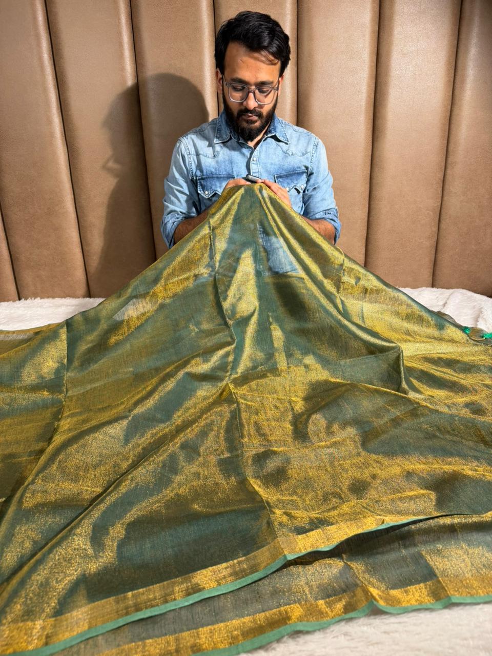 Rusted Green Linen Tissue Silk Banarasi Saree