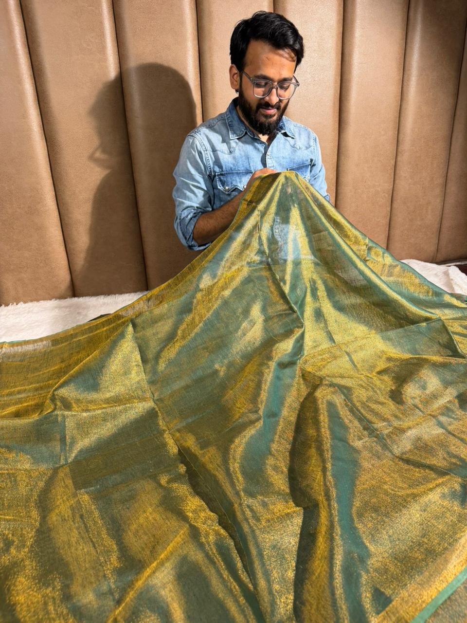Rusted Green Linen Tissue Silk Banarasi Saree