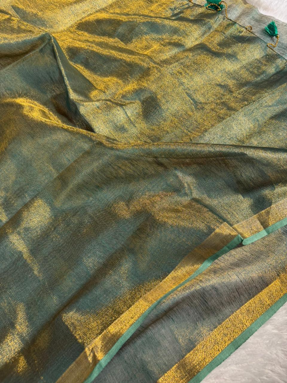 Rusted Green Linen Tissue Silk Banarasi Saree